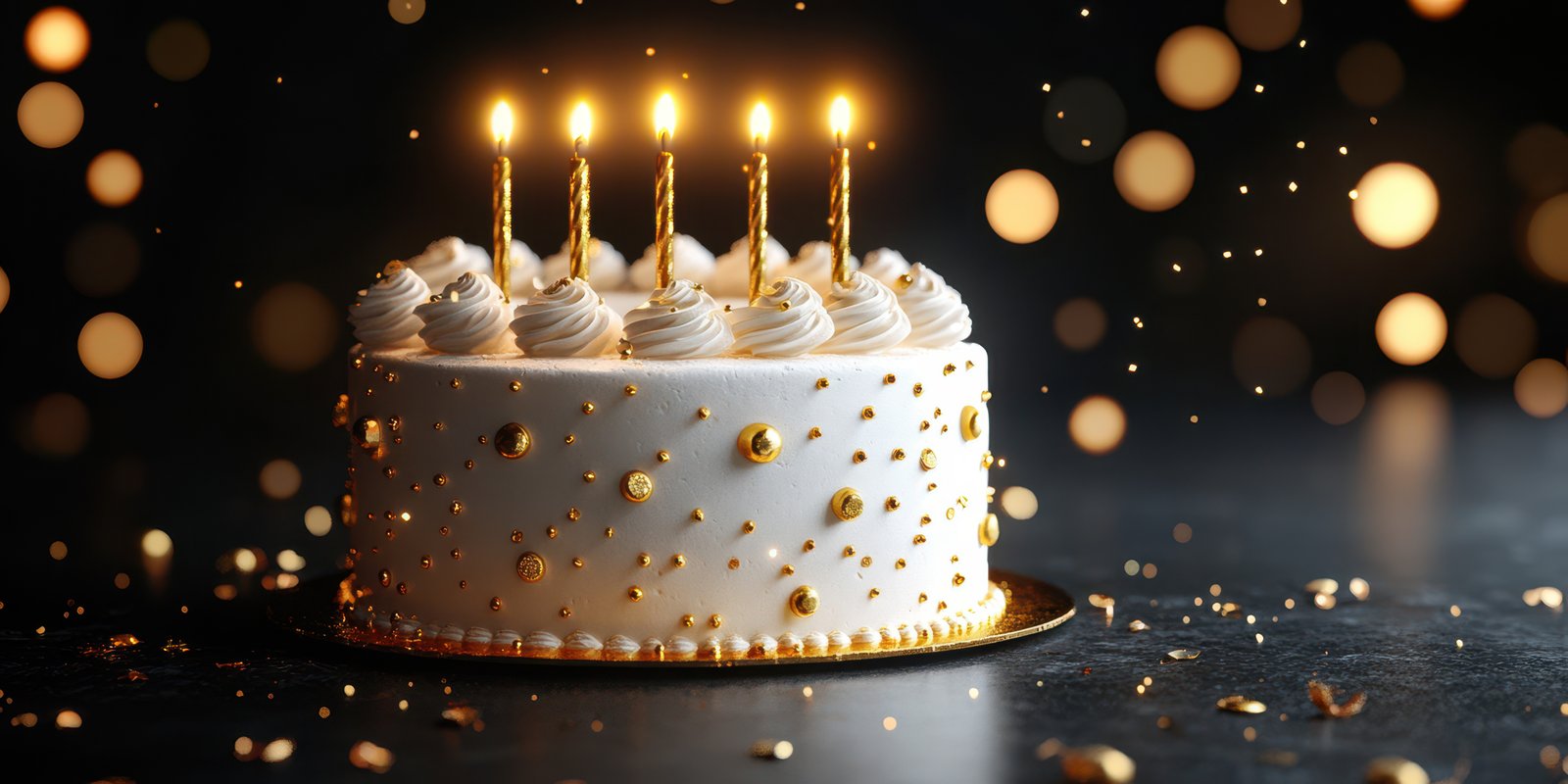Five lit candles atop a decorated white birthday cake surrounded by golden confetti and sparkling lights in a festive setting